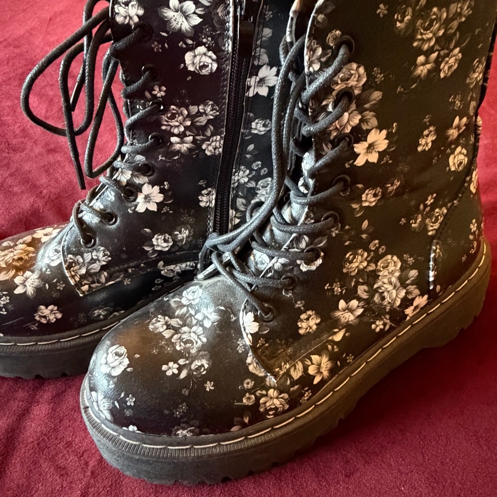 Jellypop Black Floral Combat Boots - Picture 2 of 5